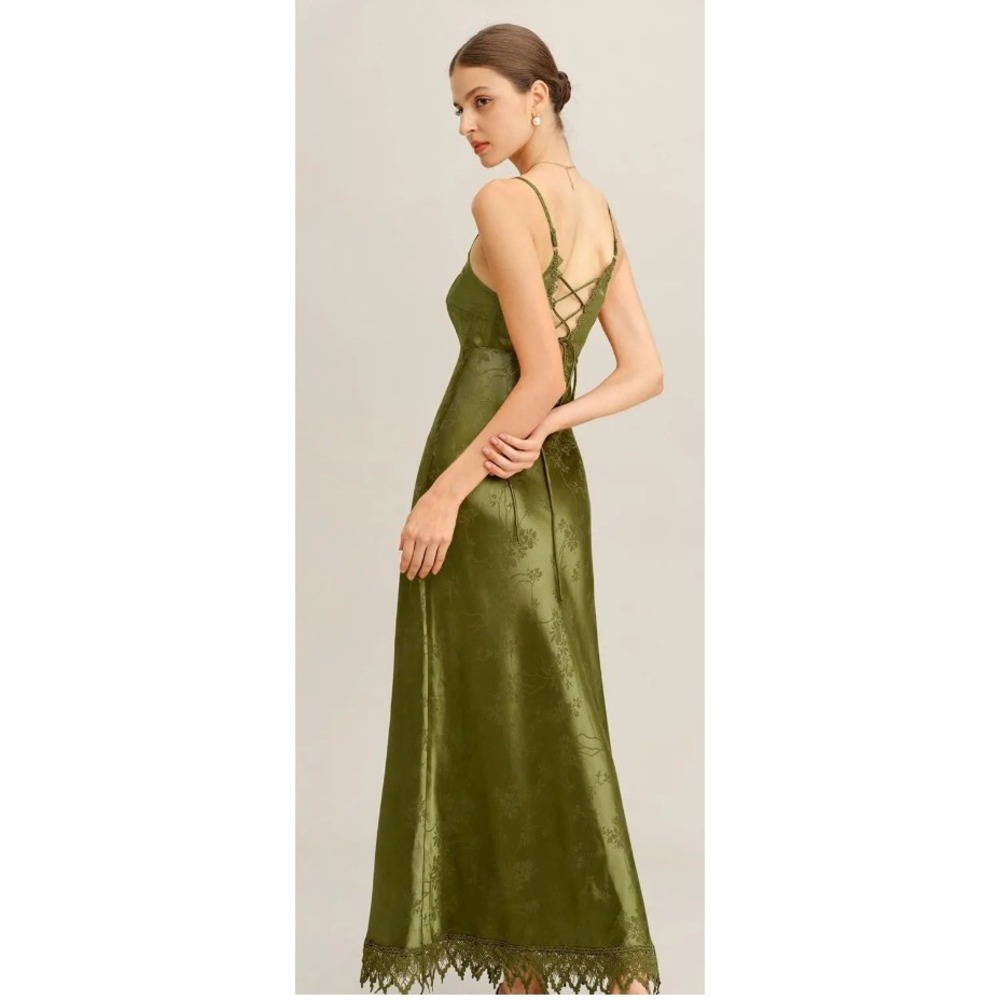 RIHOAS Olive Green Floral Jacquard Lace Trim Backless Maxi Dress Small G0374